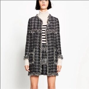 Zara Houndstooth Tweed Fringe  Jacket Coat Blazer in Black